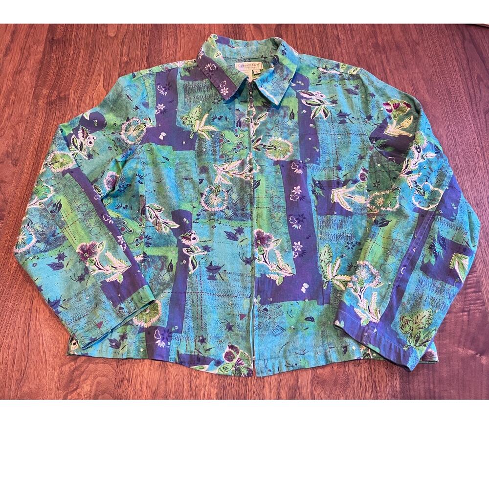 Coldwater Creek Women's Large Green Blue Floral Print Button Front Cotton Jacket